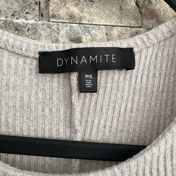 Dynamite Beige Ribbed Elegant Long Sleeve Dress Tied at the Waist - Picture 4 of 8